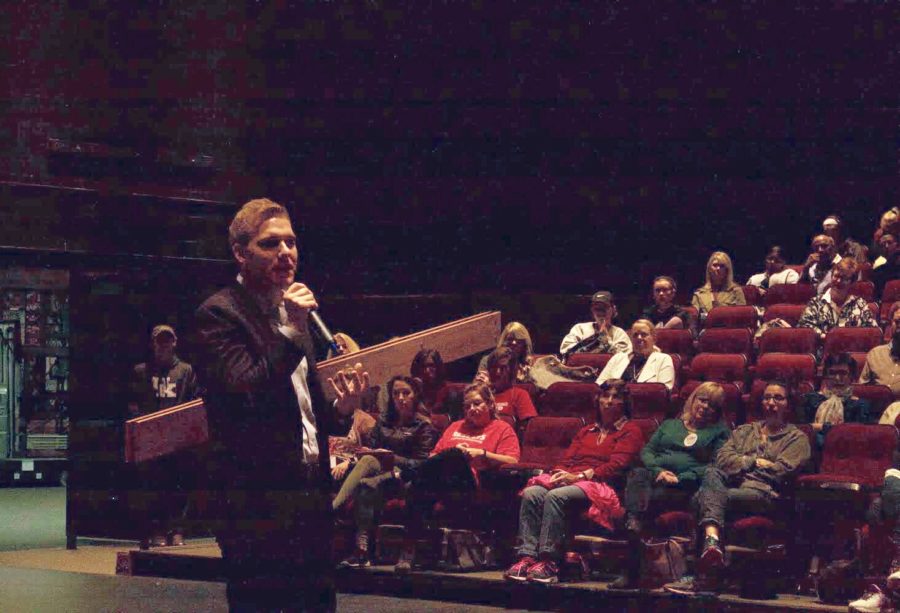 Candidate Cort VanOstran addresses the crowd during the Student-Sponsored Candidate Forum Oct. 22. Of the four candidates, Democrat VanOstran and Libertarian Larry Kirk were the only two to attend. Whatever your political view is I definitely think its important that you are able to learn about and get to know the people you are voting for or who represent you, junior and co-planner Sabrina Bohn said. 