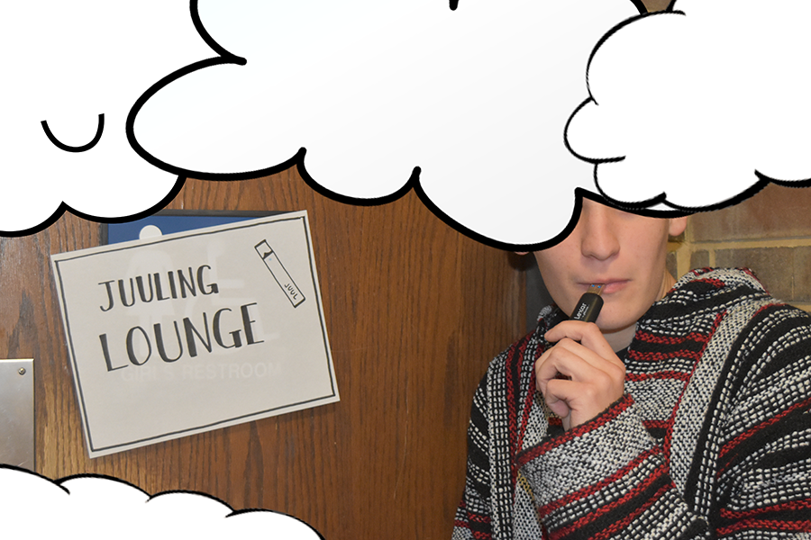 A student mimics using a juul outside the Juuling Lounge, where a temporary sign has been hung up. “I think that even this flash drive looks cool, you know? I can almost feel the nicotine buzz,” the unnamed student said.