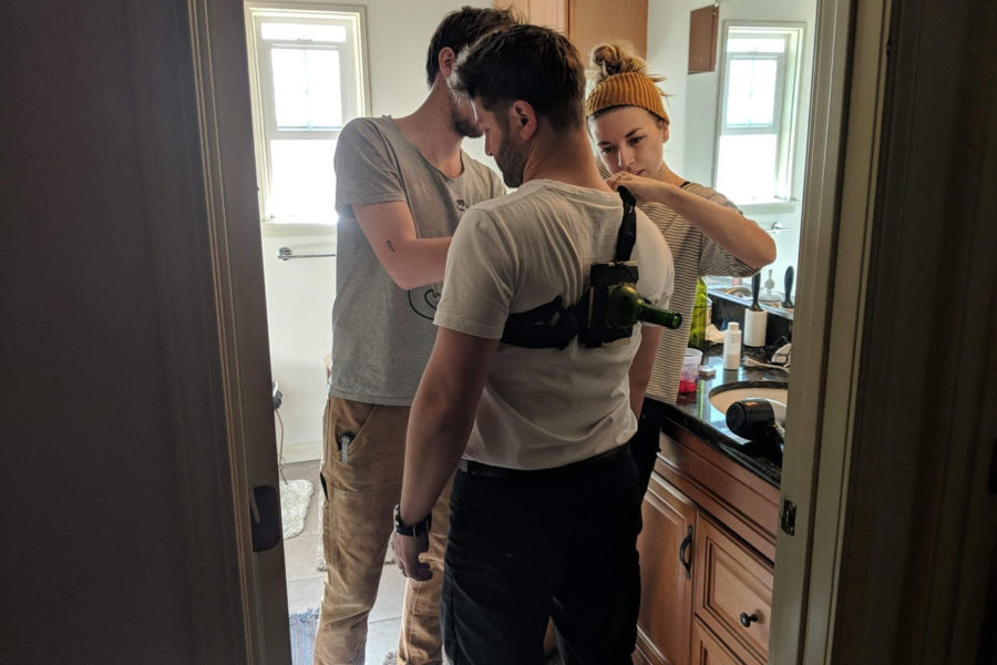 Scott Bender prepares for a four minute fight scene for the short film, “The Eagles are a Country Music Band,” in which he starred. The film made its premiere at the HollyShorts Film Festival in Hollywood in August and the fight scene took 12 hours to film with the help of a stunt choreographer, a fight choreographer, a props team and a special effects team. “Me and the actress who plays my wife [get into a huge fight] and it is a little over the top, but it is part of the film. She breaks a wine bottle and throws it at me and it gets stuck in my back and I pull it out. We just have this crazy fight and she ends up killing me. The prop team attached a harness that goes around my chest and back and they cut a hole out of the shirt and put the shirt over the hardness and lodged the bottle into a suction cup in the harness so it looks like it went through my shirt and my back,” Bender said. “It is a really cool action movie and I have never done something to that effect before so it was really cool to learn how they do that so I can look at all these movies that have all these special effects and fights in them and break them down.”