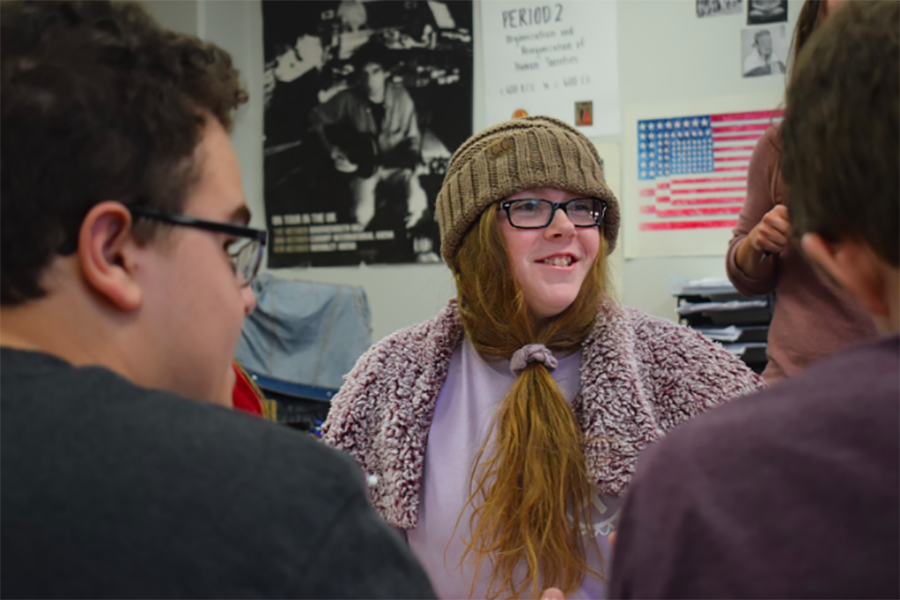 In character, sophomore Reese Berry informs classmates in Kristen Collins’ fifth hour AP World class about Ivan the Terrible. On Thursday students participated in a speed dating activity to learn about historical figures highlighted in the course. “I made a love connection with Suleiman. We were going to take over the world because we were both terrible people, but had a lot of power,” Berry said. 