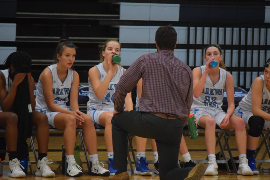 Coach Josh Gannan goes over the game plan with the girls JV basketball team as they take on Fort Zumwalt North High School. The team lost to the Panthers 23-29. “Our main goal is to always be improving,” Gannan said. “You never start out your very best, but if you can see little bits of improvement throughout the season, you know you are doing something right. I have been very proud of the girls and their work ethic to turn things around and become better players.”
