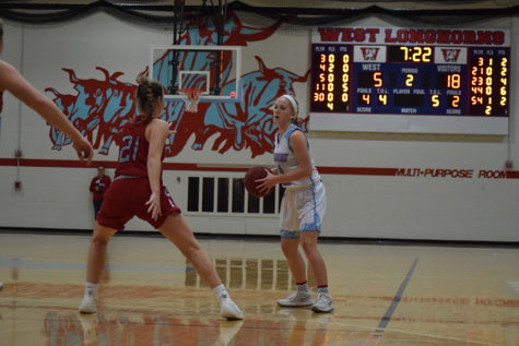 Senior guard Tess Allgeyer stands at the top of the key and searches for a play to make. The team makes a point to learn from their losses and improve their strategy each game. “We regularly reflect on our progress and talk about lessons learned from difficult losses, but also the wins.  If we continue to get better each day we play, we will be ready [for districts],” Boedecker said.