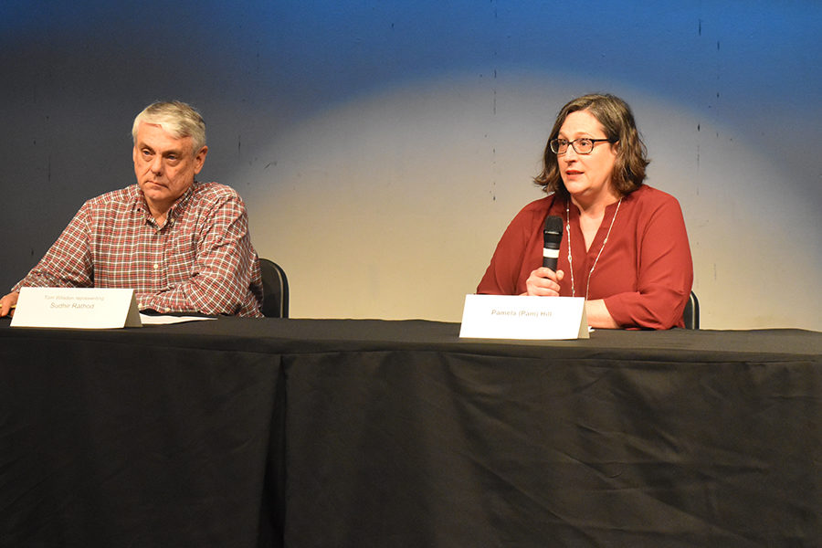 Answering a question asked by a student, Board of Education candidate Pam Hill sits beside Tom Wilsdon representing Sudhir Rathod at the student-sponsored School Board Candidate Forum March 11 at Parkway Central. Candidates Farida Ahsan and Dr. Sam Sciortino also attended the candidate forum, and all candidates answered questions surrounding topics such as mental health, curriculum, student drug use and more. “I think those forums are a great way to learn more about the candidates, and I just loved the student-sponsored one,” Hill said. “There are things you need to read and issues you need to study up on as a school board candidate, and because I have an interest in education, reading things about education is something that I’m going to want to do and going to be willing to put in the time to do.”