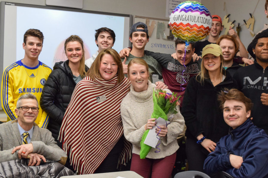 Surrounded+by+students+and+administrators%2C+English+teacher+Taylor+Rose+is+surprised+with+her+Albert+Award+win.+The+Albert+Award+is+an+acknowledgment+given+to+three+teachers%2C+one+at+the+elementary%2C+middle+and+high+school+level%2C+and+recognizes+teachers+for+their+innovative+and+energetic+teaching+styles.+%E2%80%9CIt+was+a+huge+honor+to+be+nominated+last+year+as+it+was+my+first+year+here+%5Bat+West%5D%2C%E2%80%9D+Rose+said.+%E2%80%9CI+was+still+learning+the+ropes%2C+so+that+was+an+incredible+honor+to+have+the+nod+of+being+recognized.+It+felt+amazing.%E2%80%9D