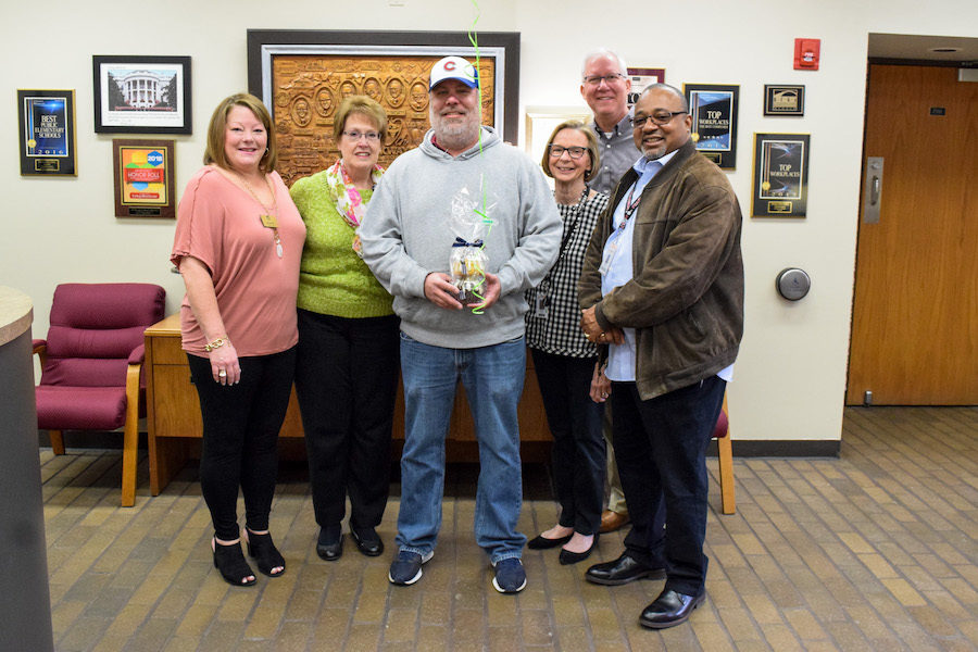 Accepting the prize, Mike Keehnast receives the Light of Parkway Award in 2019 from the head of the mailroom, Diane Barnes. Keehnast had just finished his last route of the day when he was astonished by the honor. “I was not surprised that he won the award. Mike has done an excellent job for Parkway for many years and I was glad that his hard work was finally recognized,” Barnes said.