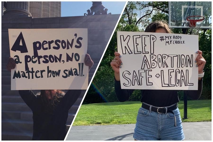 Holding pro-life and pro-choice signs, students advocate for their stances on abortion rights. 