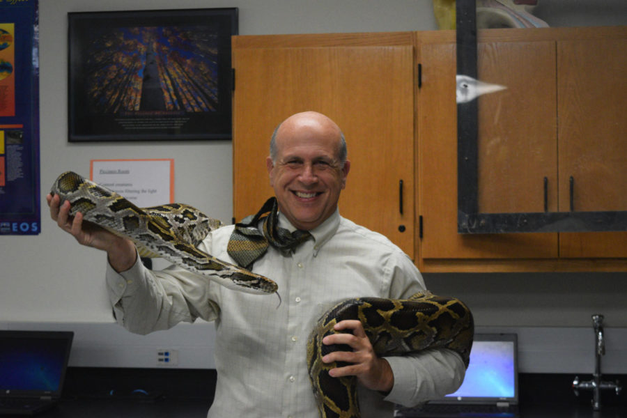Anthony Piccinni poses in his classroom with his class pet Kaa. Piccinni has been Kaa’s owner for 22 years and he has become a big part of Piccinni’s identity. “[Kaa] and I have done birthday parties, visited preschool classrooms and taught lessons in elementary schools,” Piccinni said. “Giving him away is hard, not because of a deep, emotional connection, but because he is a part of a significant aspect of my life that is coming to a close. I will miss being a classroom teacher, and he has been a part of the classroom and the experience.”