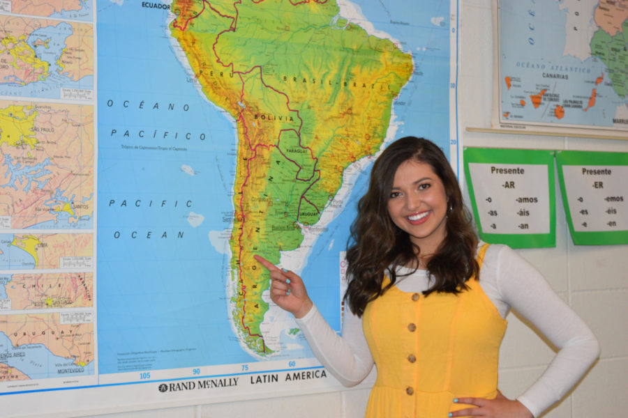 Junior Savannah Araya points to Chile on a map of Latin America. Araya has dual citizenship in the United States and Chile; she visits Chile every other summer with her family. “One of the big things that we do is La Cueca; it is a ritual dance that we do with our whole family. We [also] go hiking with our donkeys,” Araya said. “Chile is kind of split up because the equator goes right between it, so one side of it is hot and then the other side is cold. You can go see penguins or you can go see camels, so we do a lot of outside stuff.”