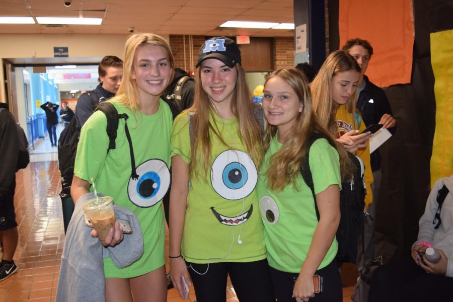 Matching in their Monsters, Inc. costumes for the sophomore theme, current juniors Anna Pavlisin, Ale Calvo and Lilly Rahm show their school spirit.