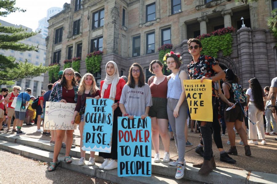 Holding hand-made signs in front of St. Louis City Hall, sophomore Maura Collins, senior Sabrina Bohn, juniors Ulaa Kuziez, Abby Caudill, Zoe Rutledge and Gillian Davis and senior Jack Carusa protest against inaction on environmental crises during school hours Sept. 20. Kuziez participated in the organization of the climate strike to plan out the logistics of the walkout and facilitate greater high school involvement. “The climate crisis is obviously the biggest threat to our lives and to our future. I still don’t think many people are treating it as a crisis, but it’s imminent, and it’s already happening right now,” Kuziez said. “A lot of the things [the speakers] were talking about was new information, so I treated it as a learning experience so I could become more educated about the issue. One of the speakers talked about how the climate crisis is fueled by capitalism and greed from fossil fuel companies who care about profits [more than] people. Her speech was talking about how it is important to think about the climate crisis as an extension of these capitalistic, colonial systems.” 