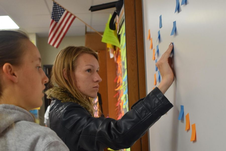 Senior Alina Dunder works with a teammate to decorate her coach's room for his birthday.