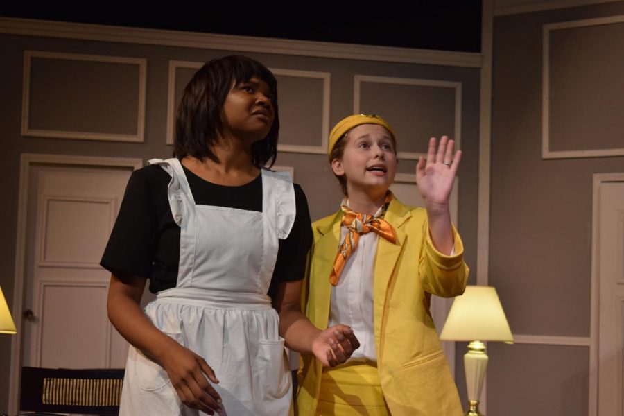 Seniors Aaliyah Weston and Katie Solodar portray Bertha and Gretchen, respectively, in a scene from “Boeing Boeing.”