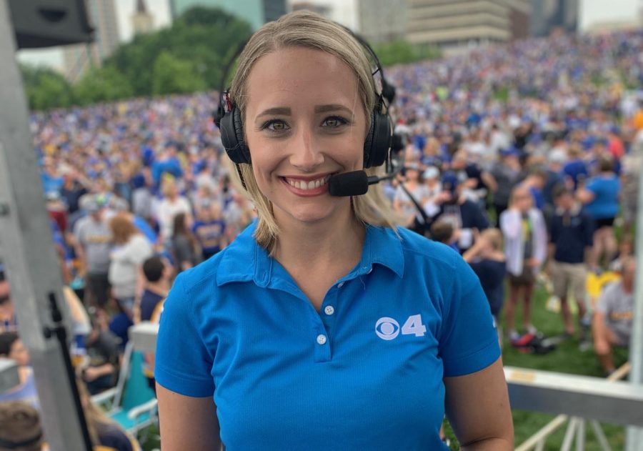 Standing on The Arch grounds, Kim St. Onge covers the St. Louis Blues rally after winning the Stanley Cup. St. Onge wore a headset to hear the anchors in her ear. “The crowd was so loud that day that even with the headset I could barely hear the show. I was on a stage in the middle of tens of thousands of people–pretty surreal. It was so cool to see the whole city come together to support the Blues. I’ll forever think of that day as one of the coolest things I’ve ever done,” St. Onge said. 