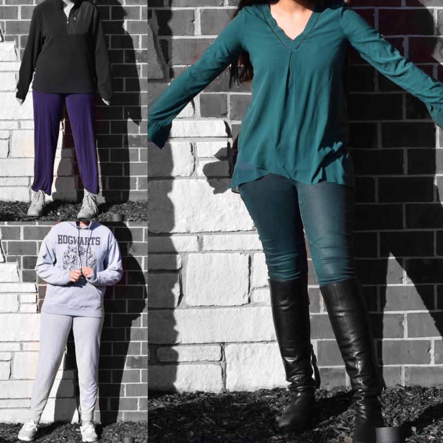 A student models purple pants, a groutfit and dressing like an evergreen tree. 