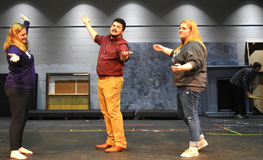 Seniors Abigayle Dorrance, Sophie Reidt and choreographer Joe Milliano rehearse a tap routine to go along with the song "Toledo Surprise" from “Drowsy Chaperone." 
 Milliano assisted with auditions and choreography in preparation for the musical. “[The actors] don't have the tap experience but everyone that's working in the musical has a 'can-do' attitude of 'if I work hard at this and I practice I know I can make this happen.' That's what makes it so much fun. And I know that with the hard work that the students are putting in that we will get a great end result as a result of that,” Milliano said.