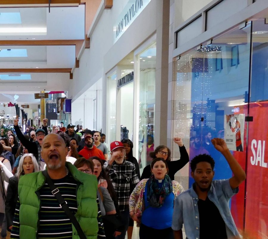 Alumnus Rasheen Aldridge protests at the West County Mall. Aldridge was elected to represent the 78th State Congressional District in the Missouri House of Representatives last year. “I was out there pretty much every day in Ferguson protesting, getting shot with tear gas,” Aldridge said.