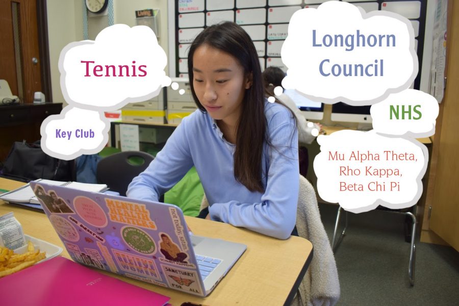 Focusing+on+her+homework%2C+senior+Angie+Jia+demonstrates+the+amount+of+work+brought+on+by+over-involvement.+Jia+is+involved+in+many+clubs+and+honor+societies+and+has+been+since+the+beginning+of+her+high+school+career.+%E2%80%9CThe+honor+societies%2C+sometimes+I+regret+doing+them+because+they+don%E2%80%99t+really+mean+anything%2C%E2%80%9D+Jia+said.+%E2%80%9CI+guess+now+that+you%E2%80%99re+in+them+you+just+stay+because+you+want+a+cord+%5Bfor+graduation%5D.%E2%80%9D