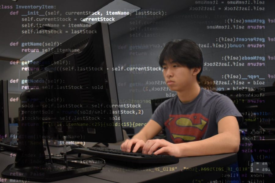 Senior Justin Choi works on a project that processes information about vending machines from a file. The unit introduced a new programming language, Python, that is slightly different from JavaScript. “I wouldn’t change anything in the class,” Choi said. “This class reaffirmed my decision to study computer science in college.”
