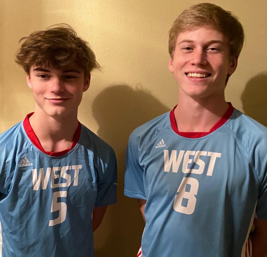 Wearing their varsity jerseys, brothers Jack and Sam Goedde smile for a photo. This year, the brothers had the opportunity to play on the same volleyball team, but their season was cut to only two weeks due to the outbreak of COVID-19. “I know that Jack worked extremely hard to prepare for this season so that he would have a chance to make varsity and play with Sam,” boys varsity volleyball coach Susan Anderson said. “Had [they] been able to play, I know they would have pushed each other on the court and really bonded.”