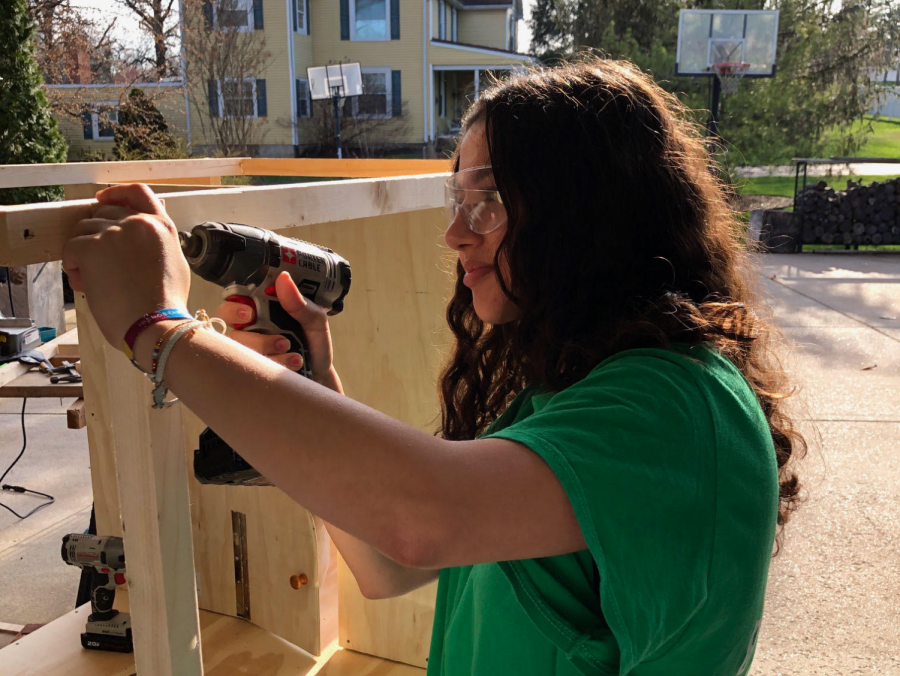 Drilling into a wooden post, junior Sara Albarcha builds a hutch for her bunnies. From cutting the wood for the project to painting the hutch, Albarcha and her dad worked on the project together. “I really enjoy getting to create things from my own vision, and most of all, I get to spend more time bonding with my dad, which wouldn’t usually happen due to school and work,” Albarcha said.