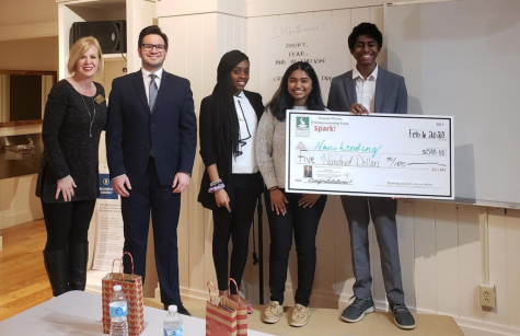 Spark! mentor Xanthe Meyer, Bilal Danish, and competitors senior Emma Lee Francois, Parkway South senior Subah Shovik and winner junior Sri Jaladi pose for a photo after the Parkway Spark! Thomas Phelps Pitch Competition Feb. 6. Jaladi’s business, Nano Lending, aims to empower impoverished and homeless entrepreneurs by providing them with foundational products to help them start their own businesses. “It feels really good [running Nano Lending] because its not necessarily just for money,” Jaladi said. “I think its great to do something where this is not meant for profit and any money thats repaid back just goes back into the program.”