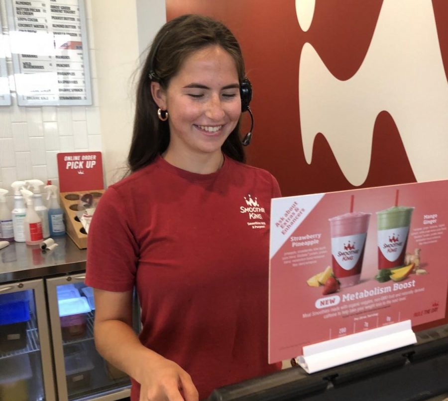 Senior Charlotte Zera works at Smoothie King between three and four days a week, and although she wants to work, she sees the risks. “The main challenge is having the constant fear that I am going to come in contact with a customer that has COVID-19. Even though we are taking precautions to limit the chance of employees getting coronavirus––wearing masks, only doing drive-thru, taking only cards and not cash, etc.–– it still is a fear. Any person that I hand their smoothie to could have the virus and give it to me and I could easily pass it along to my coworkers and family,” Zera said, “I am trying to make the best of the situation right now-– taking advantage of the time I get to be with my coworkers since it’s a nice change from only seeing my family all day.”