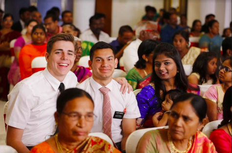 Bonnet smiles with his companion while attending a wedding in India, where he served his mission.