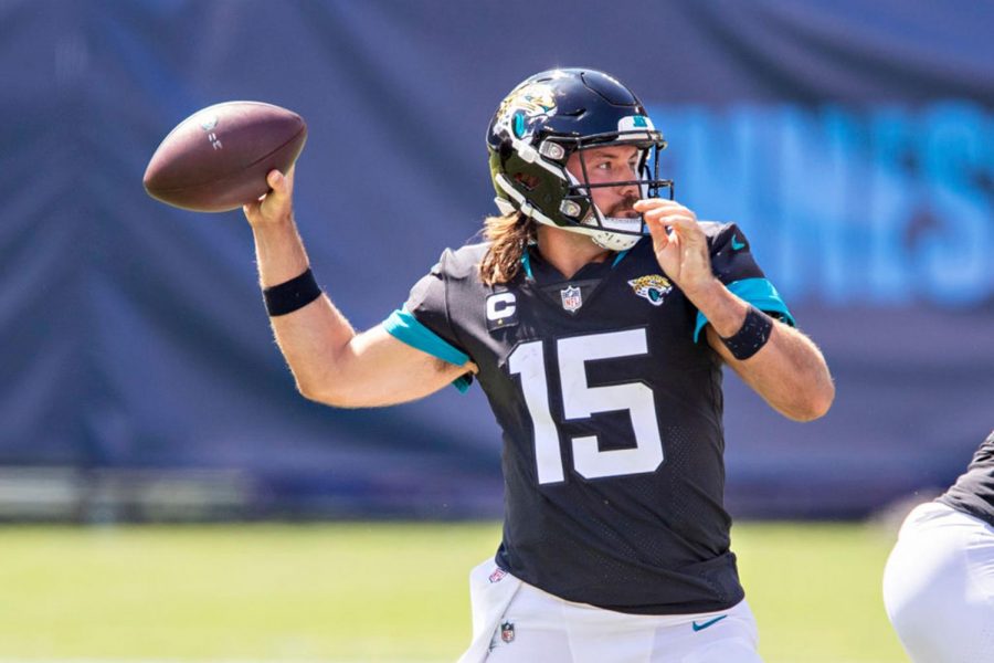 Gardner Minshew II (15) of the Jacksonville Jaguars throws a pass in the first half of a game against the Tennessee Titans on Sunday, Sept. 20 at Nissan Stadium in Nashville, Tenn.