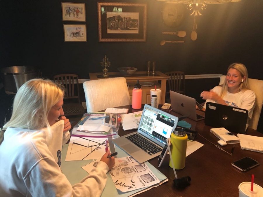 While+completing+online+schoolwork%2C+seniors+Irene+Yannakakis+and+Anna+Pavilsin+share+a+laugh.+Yannakakis+has+been+seeking+hangouts+as+a+way+to+connect+with+her+friends+during+virtual+learning.+%E2%80%9CI+have+done+online+school+with+my+friends+a+couple+times%2C+but+its+basically+just+us+sitting+on+our+computers+with+our+headphones+in%2C%E2%80%9D+Yannakakis+said.+%E2%80%9CAlthough+its+nice+to+have+someone+next+to+you%2C+it+would+be+way+better+to+be+in+school.%E2%80%9D
