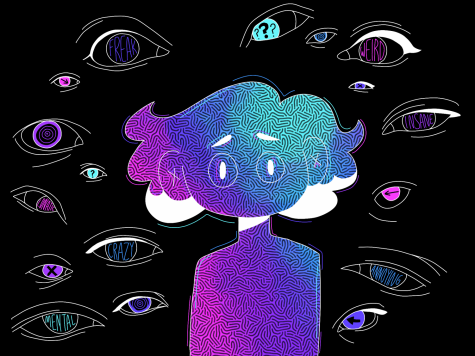 Using Procreate 5X, senior Rebecca Vierck demonstrates how attention deficit hyperactivity disorder (ADHD) and social anxiety can make someone feel like being watched. Vierck’s piece conveyed the alienation felt from their peers. “A lot of media representation about ADHD is built upon stereotypes. Because of the comorbidity of my ADHD and social anxiety, I tend to feel anxious to stim in front of people in fears of seeming weird,” Vierck said. “Ive had to cut off friends because of their disrespect for my sensory triggers. As a child, I would have multiple breakdowns a week over the texture of dinners that I was made to eat.”
