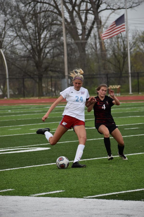 Battling for position on the ball, senior Irene Yannakakis beats Parkway Central freshman defender Sophie Spicuzza. Yannakakis has one assist in the young season. “I want this to be a great season for me and my teammates,” Yannakakis said.