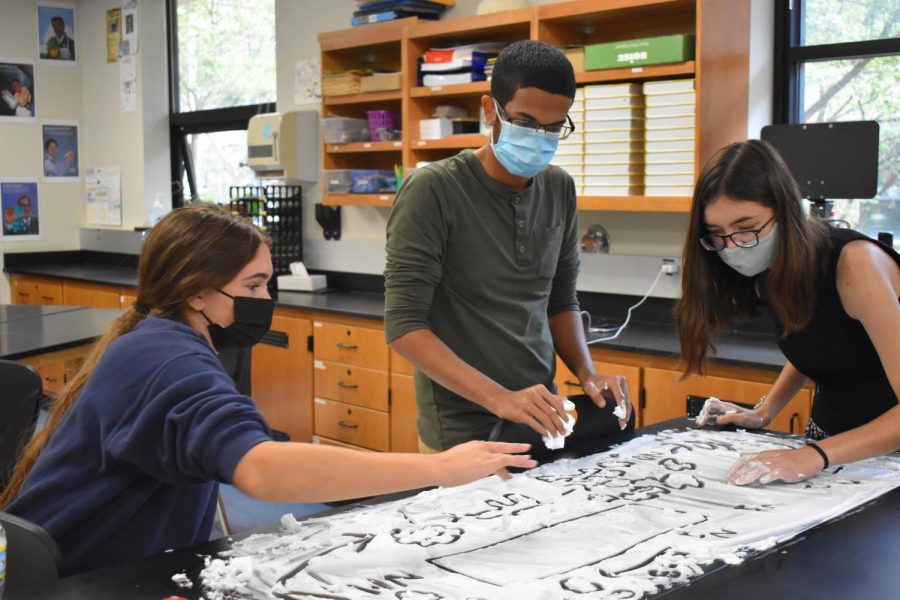 Drawing out biogeochemical cycles in Paul Hage’s AP Environmental Science class, seniors Callie DiCarlo, Waleed Abdulla and Sarah Boland use shaving cream as a memorization tool. Abdulla says that it was easier to remember the drawings than notes or readings. “I thought the shaving cream activity was very fun because of how childish it was. It kinda brought [out] the kid in me. Creating a canvas of shaving cream wasnt exactly on my bucket list, but Im glad I did it,” Abdulla said. “Its important because fun activities mix creative thinking with education.”