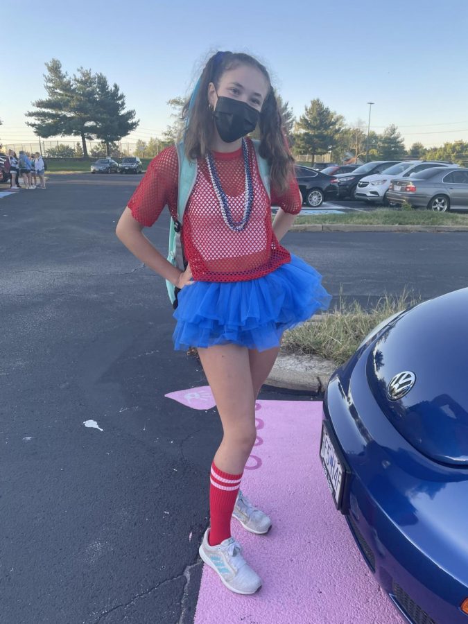 After a trip to Party City, sophomore Abby Vogelgesang dressed up in a blue tu-tu and ponytails for the end of spirit week. “Getting to dress up in clothes that I wouldn’t normally get to wear to school has been the best part of my week,” Vogelgesang said.