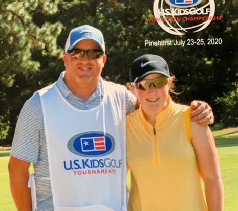 Overlooking the iconic Pinehurst golf course, Kylie and Jamie Secrest pose for a picture in the fairway of the 2020 World Teen Championship. This tournament was strictly invite-only and Kylie excelled, achieving 37th in her age group, her dad right by her side. “This was one of the last times my dad was able to caddie for me before he was unable to do so due to his ALS,” Kylie said. “I loved him caddying for me. He always knew what to say [to me] when I got upset and he was able to see me grow throughout my golf career.”