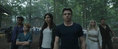 (L-R): Karun (Harish Patel), Kingo (Kumail Nanjiani), Sprite (Lia McHugh), Sersi (Gemma Chan), Ikaris (Richard Madden), Thena (Angelina Jolie), Gilgamesh (Don Lee) in Marvel Studios' ETERNALS. Photo courtesy of Marvel Studios. ©Marvel Studios 2021. All Rights Reserved.