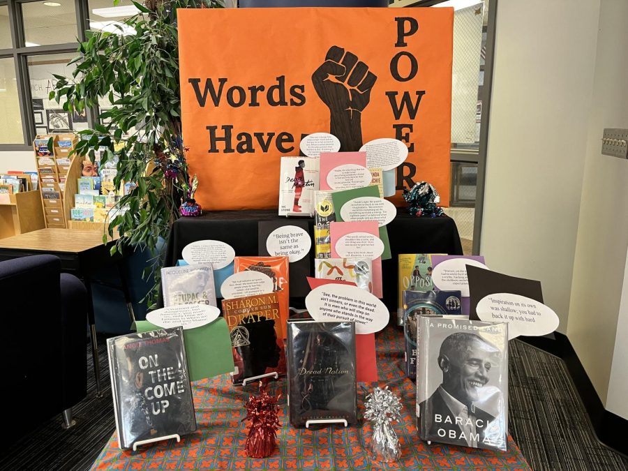 A display in the library featuring a variety of novels from Black authors. 
