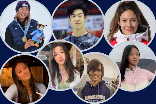 Sophomores Lia Emry, Angie Ren, Kayden Senseney and Serena Liu (bottom row, left to right) discuss their favorite competing athletes, Chloe Kim, Nathan Chen and Eileen Gu (top row, left to right), in the Winter Olympics.
(“Mascot Ceremony of Freestyle skiing – Womens Halfpipe at the 2020 Winter Youth Olympics in Lausanne on 20 January 2020.”b y Martin Rulsch. “Nathan Chen at the 2018 Internationaux de France - Awarding ceremony” by David W. Carmichael.  “Gold medallist Chloe Kim during the victory ceremony of the Womens Snowboard Slopestyle at the Youth Olympic Games in Lillehammer, Norway.” by IOC Young Reporters. All photos used under Creative Commons Licenses.)
