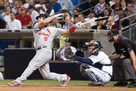 St. Louis Cardinals outfielder Albert Pujols takes a swing at the plate. “Albert Pujols” by Photo by Dirk DBQ is licensed with CC BY-SA 4.0. To view a copy of this license, visit https://creativecommons.org/licenses/by-sa/4.0