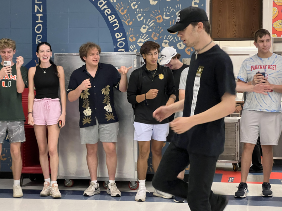Dancing+in+the+cafeteria%2C+sophomore+Dominic+Lewarne+freestyles+during+second+lunch+on+Tuesday%2C+May+10.+Seniors+lined+the+walls+as+Lewarne+performed+to+%E2%80%9CSkechers%E2%80%9D+by+DripReport+and+Katy+Perry%E2%80%99s+%E2%80%9CLast+Friday+Night.%E2%80%9D+%E2%80%9CI+liked+to+dance+because+it+was+my+favorite+thing+to+do%2C%E2%80%9D+Lewarne+said.+%E2%80%9C%5BAlthough%5D+it+was+nerve-wrecking+because+there+%5Bwas%5D+a+lot+of+people+there%2C+it+was+pretty+fun+%5Bsince%5D+people+were+hyping+me+up.%E2%80%9D