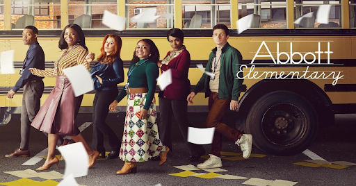 Abbott Elementary cast in a promotional photo. From left to right: Tyler James Williams, Janelle James, Lisa Ann Walter, Quinta Brunson, Sheryl Lee Ralph and Chris Perfetti. Promotional posters are available for free use.