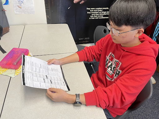 Junior Insang Lee takes a peek at the sample St. Louis County ballot after his English class. This was the first time Lee saw the ballot, and although he could not vote, he was curious about the offerings. “I haven’t heard of many people on this ballot, particularly the county officials,” Lee said. “But it is important to know about them and vote on them because this will affect all of us living in the county.” 