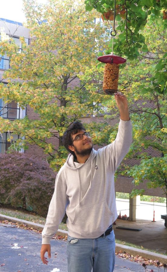 The student leader of the Animal Appreciation Club and junior Krish Bhagat hangs a bird feeder in the peace garden. Bhagat started the club because of his love for nature and animals. “Missouri is such a beautiful place and has so much biodiversity. It has a cool environment; we can see so many different birds just in the little peace garden alone,” Bhagat said.  