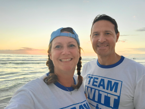 With the sun setting in the background, English ASC Kristen Witt and her husband, Aaron Witt, wear matching team shirts for the Siesta Key Crystal Classic International Sand Sculpting Festival. In 2021, they ran out of time for matching team shirts and instead wore ‘West is Best’ shirts, while in 2022, they made custom couple shirts. “This year, [Aaron] decided to have them made. On the front, it said ‘Team Witt,’ and on the back, it had ‘24,’ for how many years we have been married, and it [reads], ‘24 years of playing in the sand together,’” Kristen said.