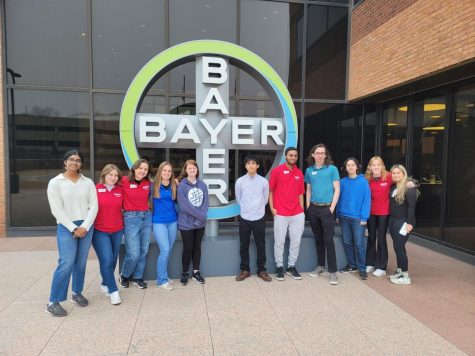 Spark! Bioscience students stand outside Bayer after being taken on a facility tour.

Photo by Meredith Jacques