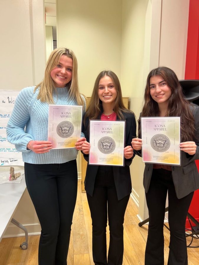 Senior Allie Byergo stands with her business partners, Anna Kladiva and Camilla Mantilla, after being awarded $100 for their third-place performance at the Parkway Alumni Association pitch competition.