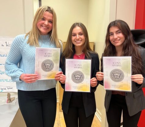 Senior Allie Byergo stands with her business partners, Anna Kladiva and Camilla Mantilla, after being awarded $100 for their third-place performance at the Parkway Alumni Association pitch competition.