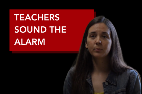 French teacher Blair Hopkins in front of red box that reads: teachers sound the alarm.