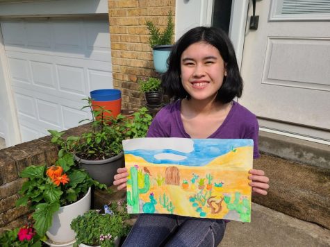 Smiling, freshman Sophia Nguyen poses with her artwork accepted into the Botanical Garden’s art exhibit. Nguyen scrapped and redid her artwork multiple times before settling on the final piece she submitted. “My art style is impacted by my friend and the styles of video games I like. I like their styles and try replicating them sometimes,” Nguyen said.