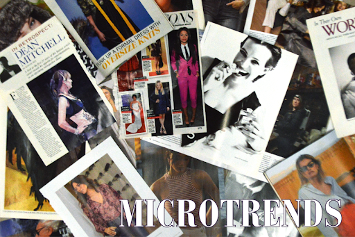 An arrangement of fashion-related magazines is displayed, with white text reading "Microtrends" in the lower right corner.