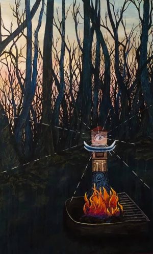 A painting of an orange campfire in a forest. An intricate clock rises from the campfire and white lines radiate out from it. 
